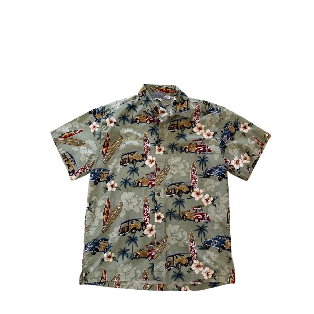 Vintage High Seas Trading Co Mens Large Green Woodie Surfboard Aloha Shirt USA